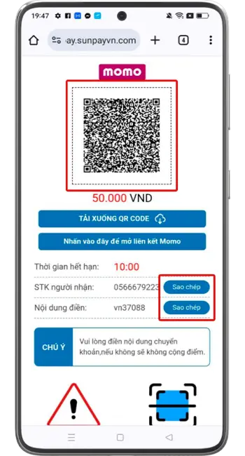 Bước 4: Quét mã QR hoặc sao chép thông tin hiển thị → Tiến hành đăng nhập ví Momo để chuyển tiền.